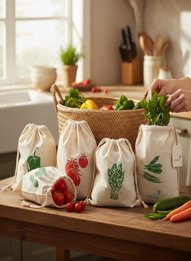 DNkitch 100% Cotton Storage Bags Eco-Friendly Grocery Reusable Bags for Fridge Washable, Breathable & Durable Produce Bags for Vegetables & Fruits Storage Bags for Fridge (Set of 6) - Image 5